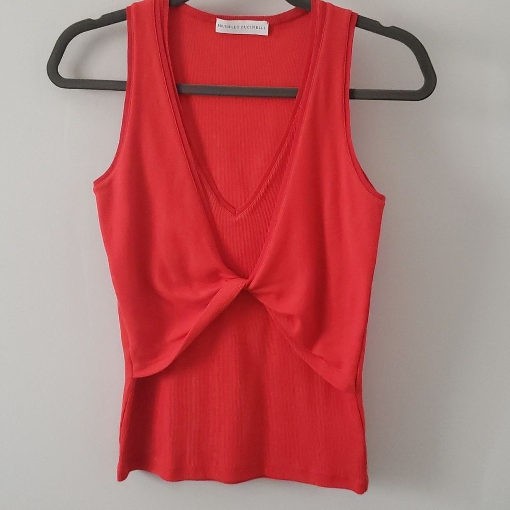 Brunello Cucinelli Rib Knit Double V neck Sleeveless Top Tomato Small